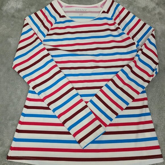 Spanx Swim Shirt Rash Guard Ocean Stripe Hibiscus Crew Neck Long Sleeve Medium - Picture 1 of 8
